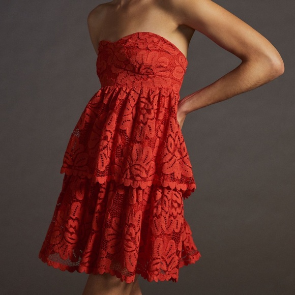 Anthropologie Dresses & Skirts - Anthropologie Red Strapless Lace Tiered Mini Dress